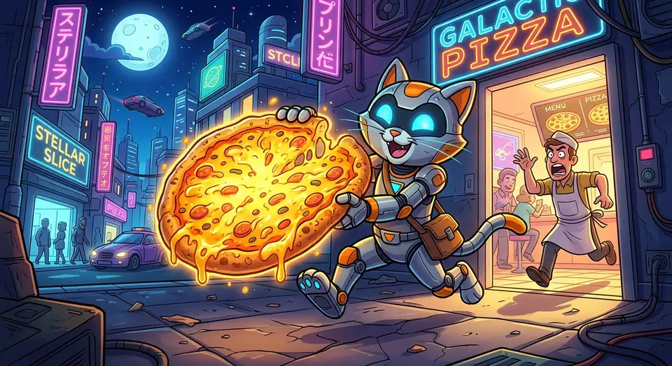 A colorful cartoon showing a robotic cat stealing a giant glowing pizza